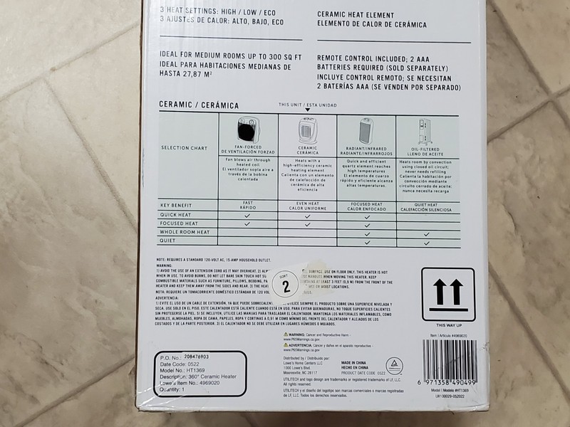 Utilitech 360' Ceramic Heater Adjustable Digital Thermostat 1500w 300sqft Remote gallery