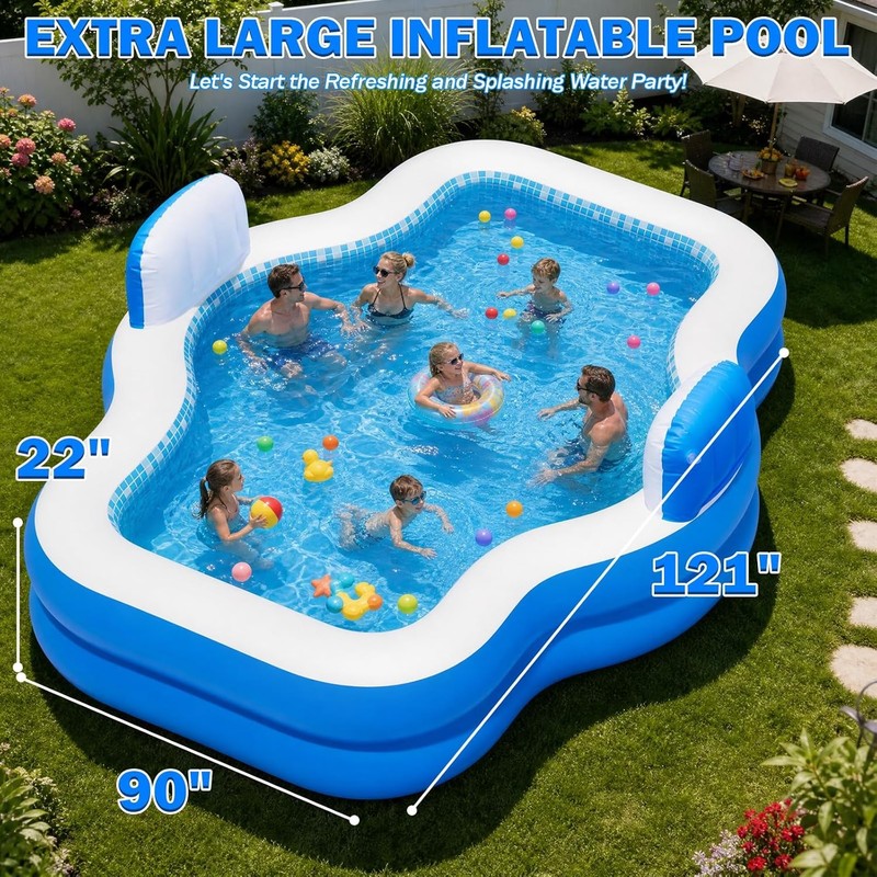 Extra Large Inflatable Pool with Pump, 121" X 90" X 22" Full-Sized Blow up Pool gallery