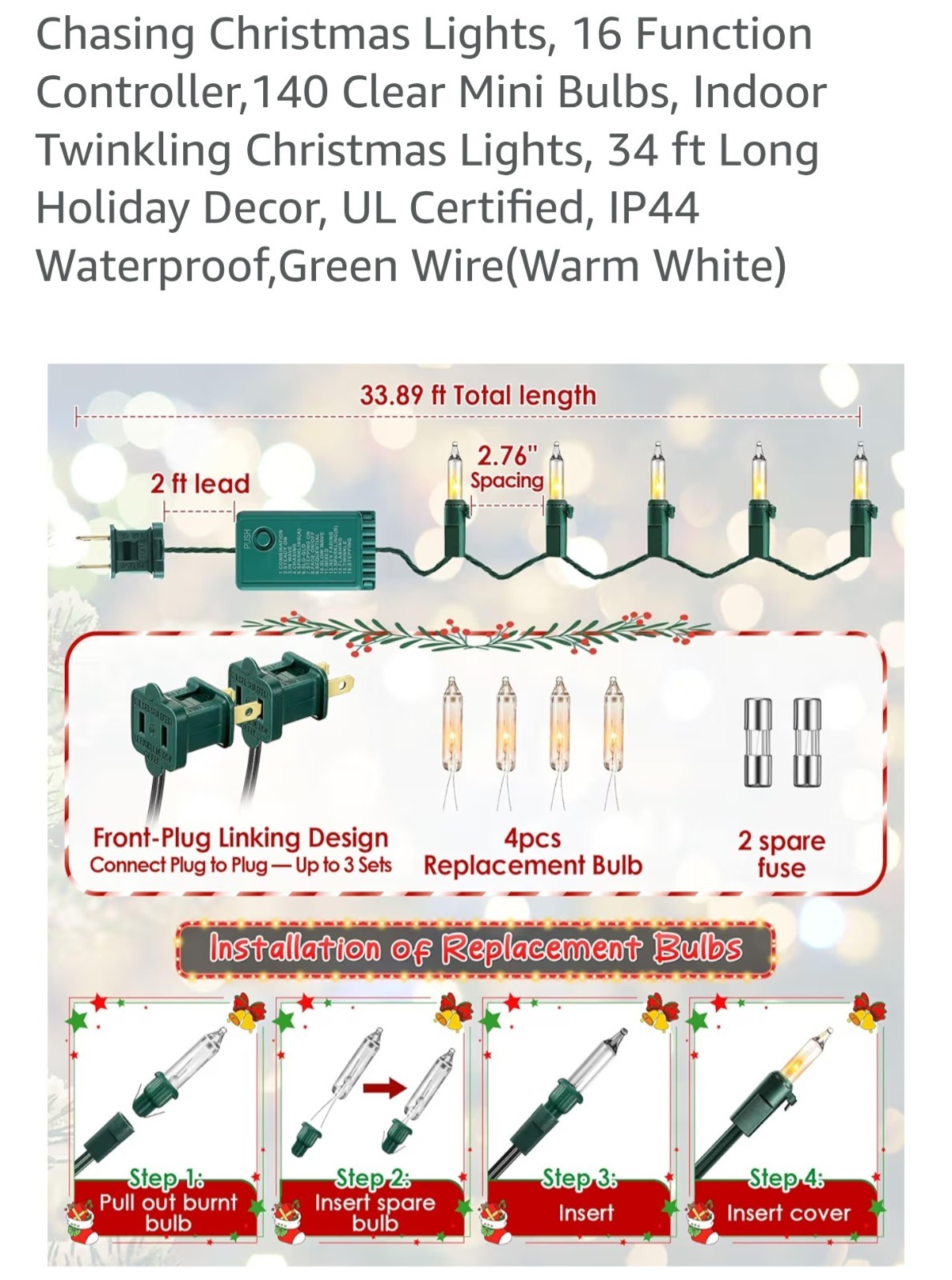 Chasing Party Lights, 16 Function Controller,140 Clear Mini Bulbs Colorful gallery