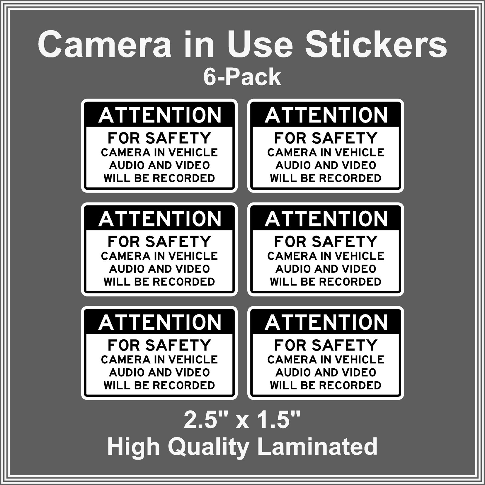 Camera in Car Recording Video 6-Pack Decals Black & White 2.5" x 1.5" for Uber gallery