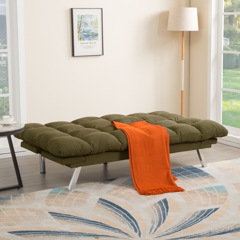 Corduroy 2 Seater Sofa Futon Sleeper Sofa Bed Loveseat For Small Apartment Green gallery