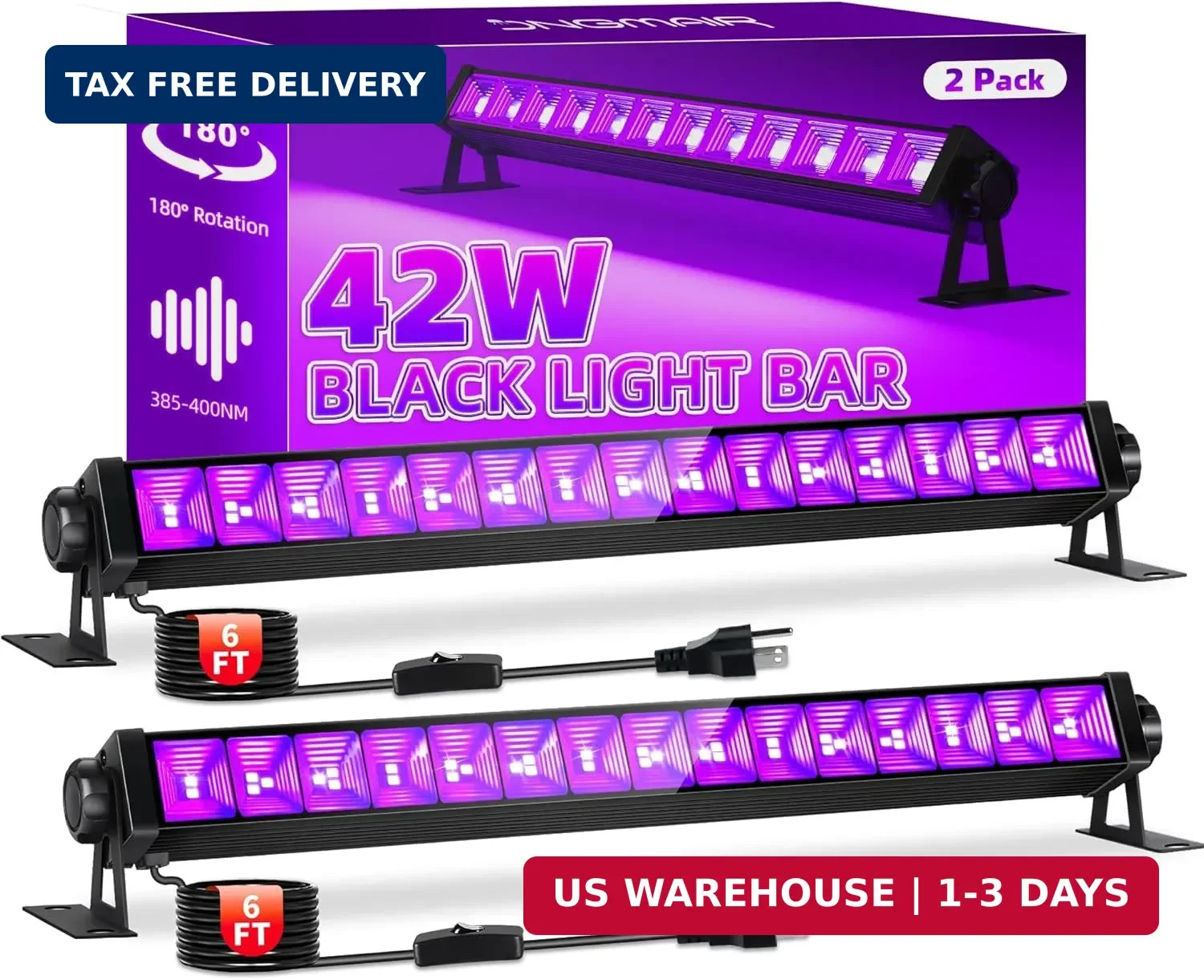 42W 2 Pack Black Light Bar for Glow Party, Blacklights with 6ft Cord, Plug, and gallery