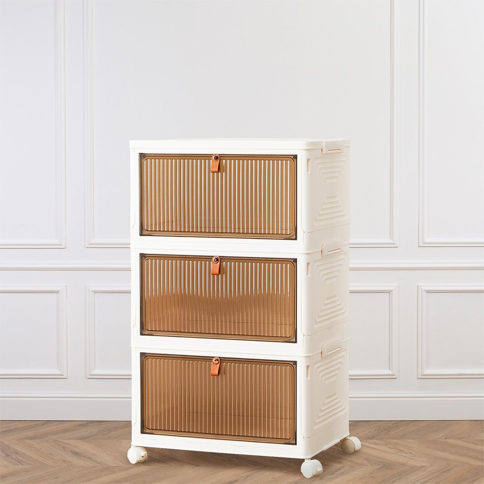 Stackable Plastic Storage Bins with Lid Foldable Magnetic Doors &Lockable Wheels gallery