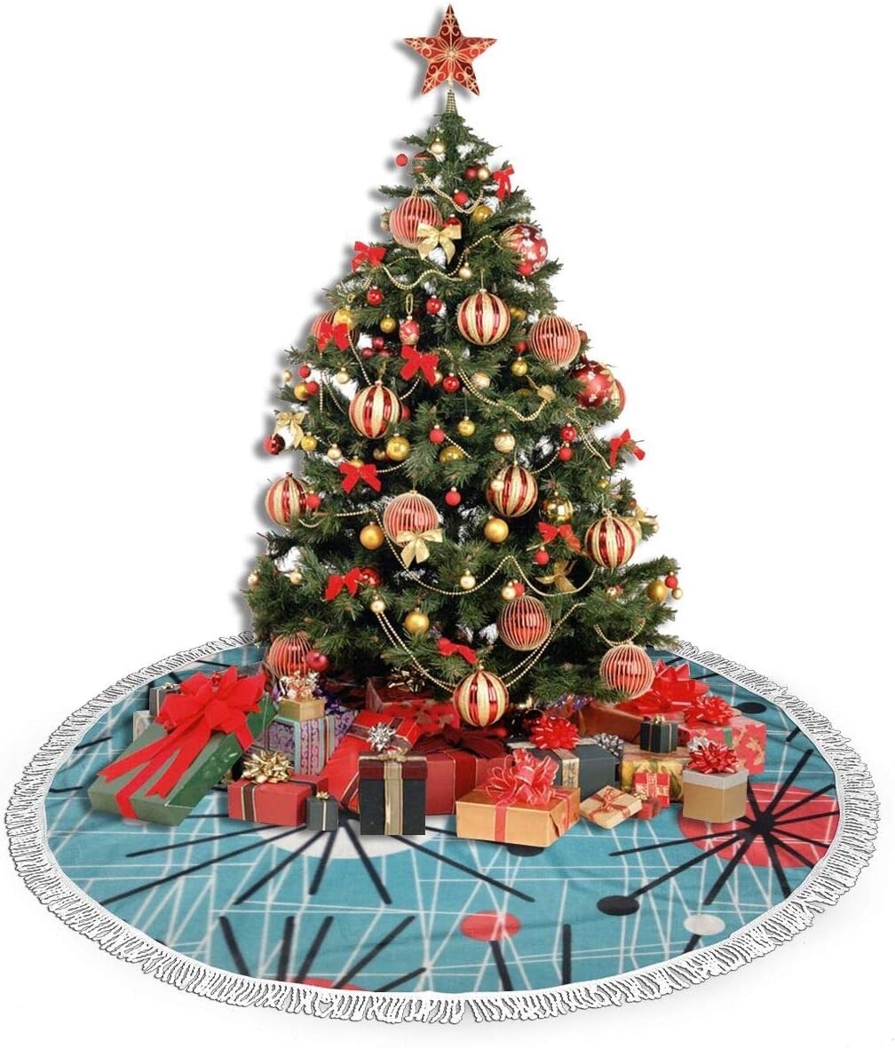 Christmas Tree Skirt 36" Inch Mid-Century Modern Pattern Xmas Mat White Tassels gallery