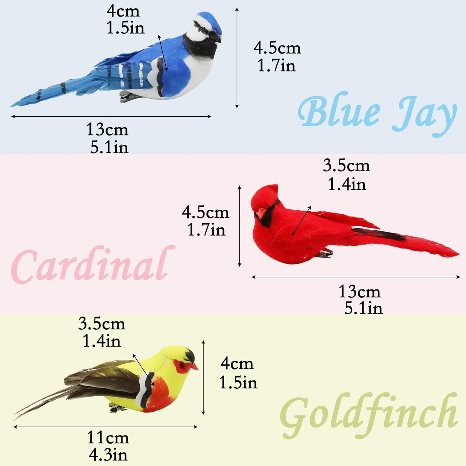 3pcs Clip On Artificial Birds Realistic Red Cardinal Blue Jay Birds Yellow Decor gallery