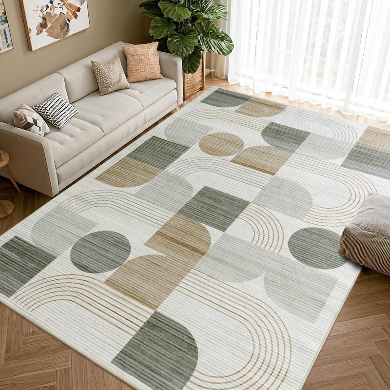 Large Machine Washable 5x7 Area Rug, Soft Modern Geometric Abstract Beige Rug... gallery
