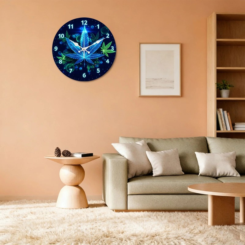 Blue Leaf Pattern Wooden Silent Wall Clock No Battery Holiday Home Decors gallery