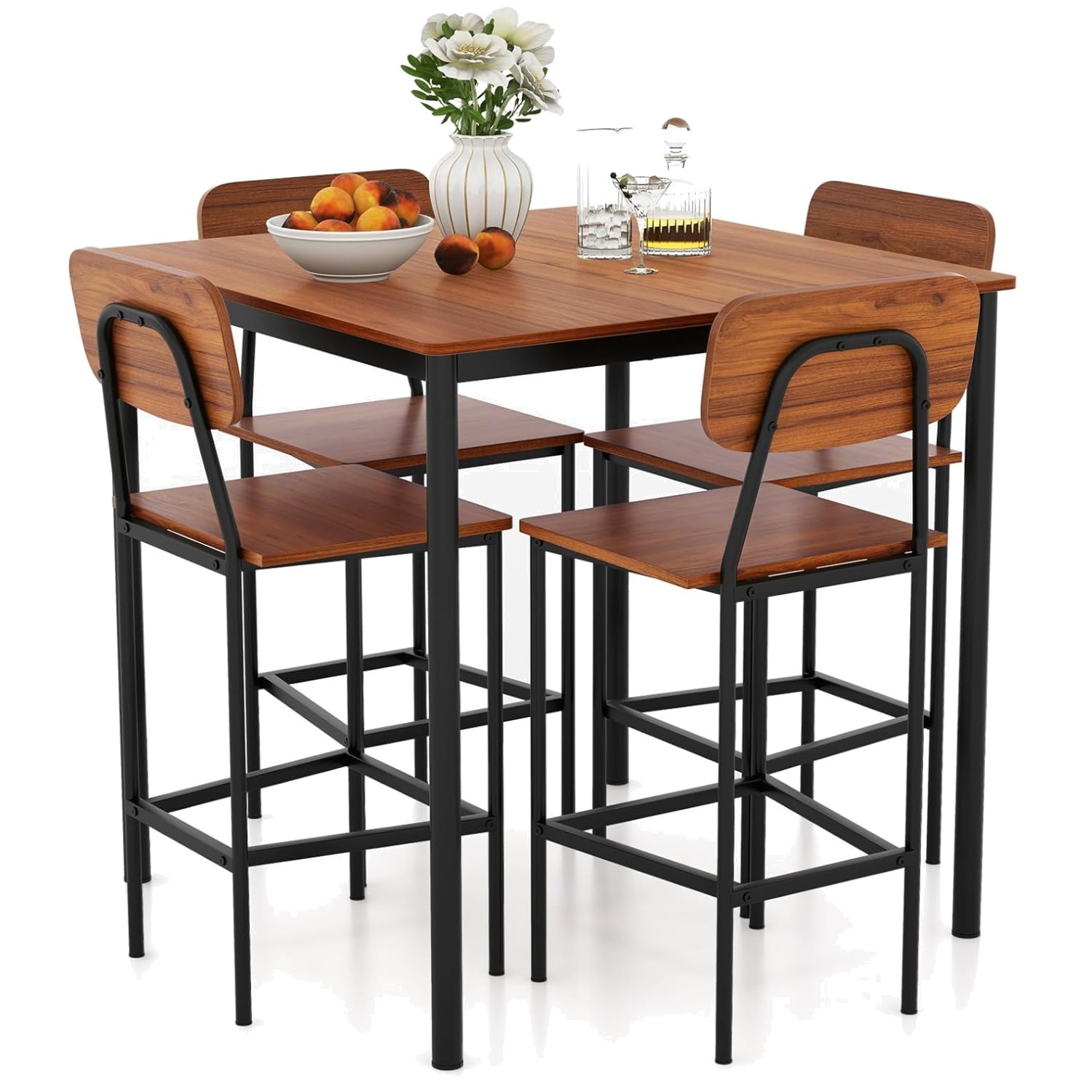 Industrial 5-Piece Dining Table Set, Walnut Finish gallery