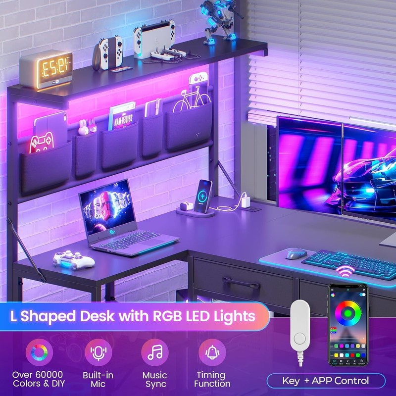 Corner Computer Desk, Reversible L Shaped office Desk with 5 Drawers &LED Lights gallery