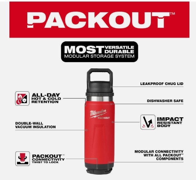 Milwaukee 24 oz Insulated Bottle Red Chug Lid PACKOUT 48-22-8396R New gallery
