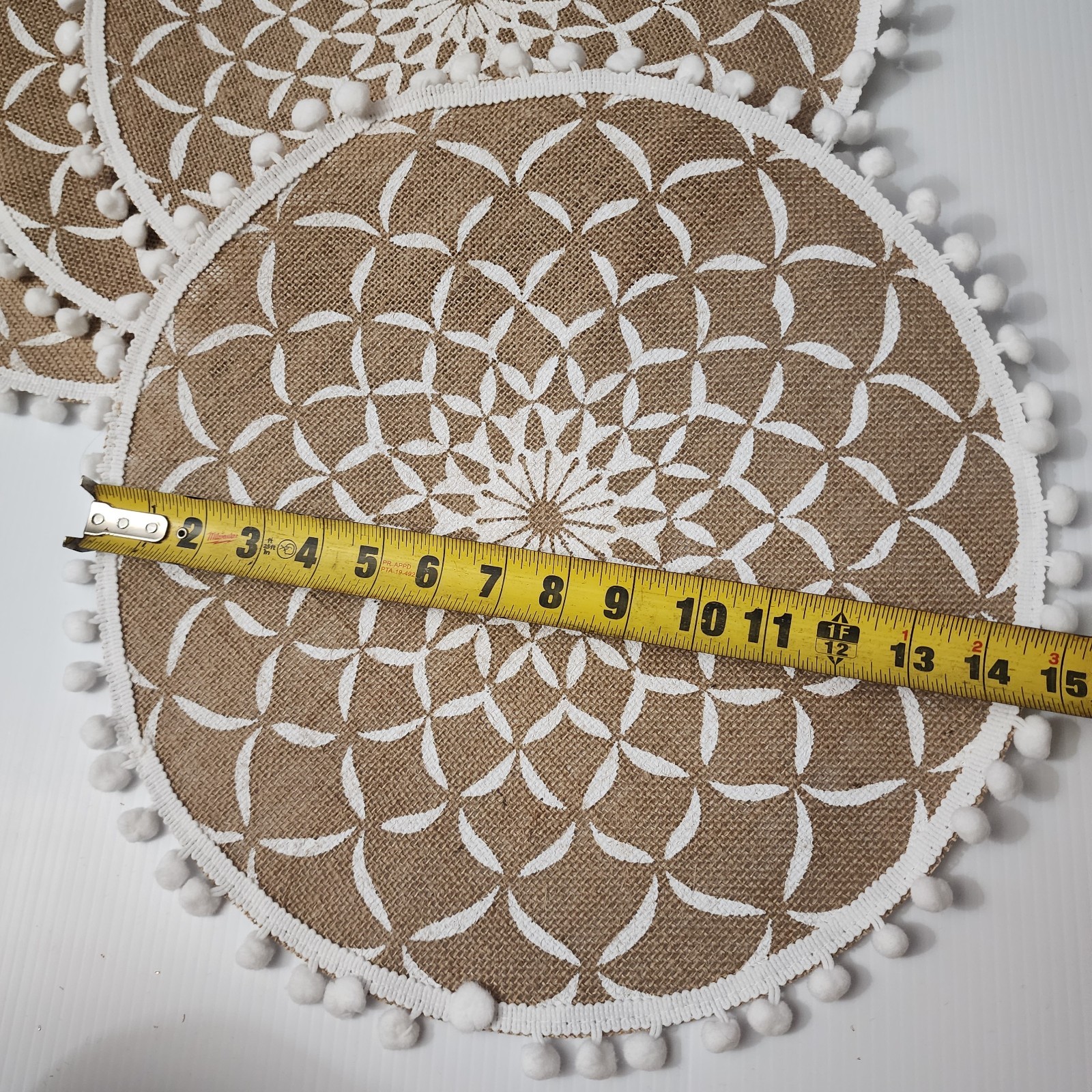 Round Placemats Boho Mandala Pattern White Pompom Edging Set Of 4 New gallery