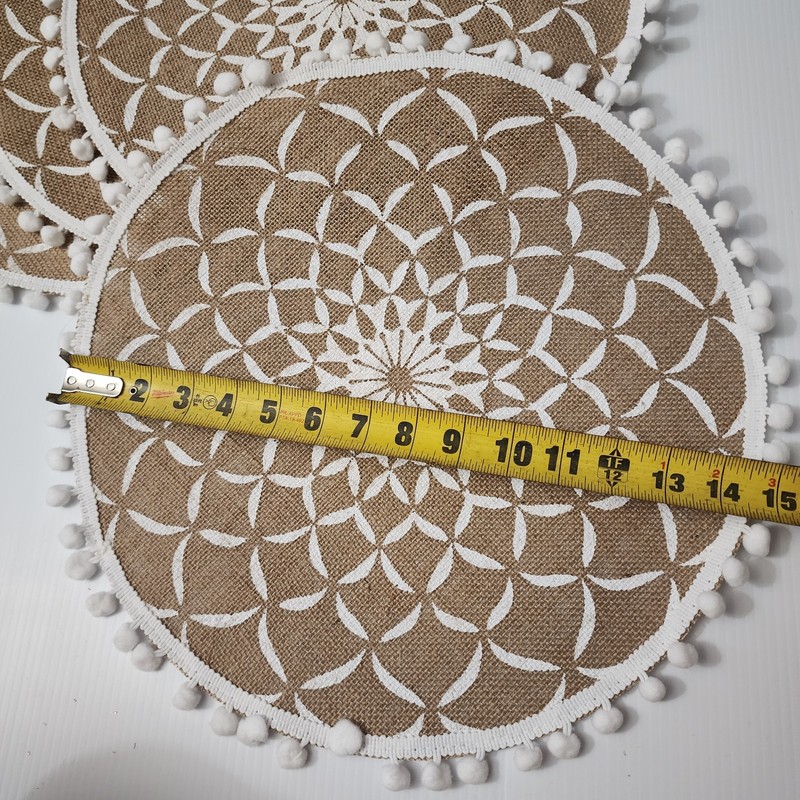 Round Placemats Boho Mandala Pattern White Pompom Edging Set Of 4 New gallery