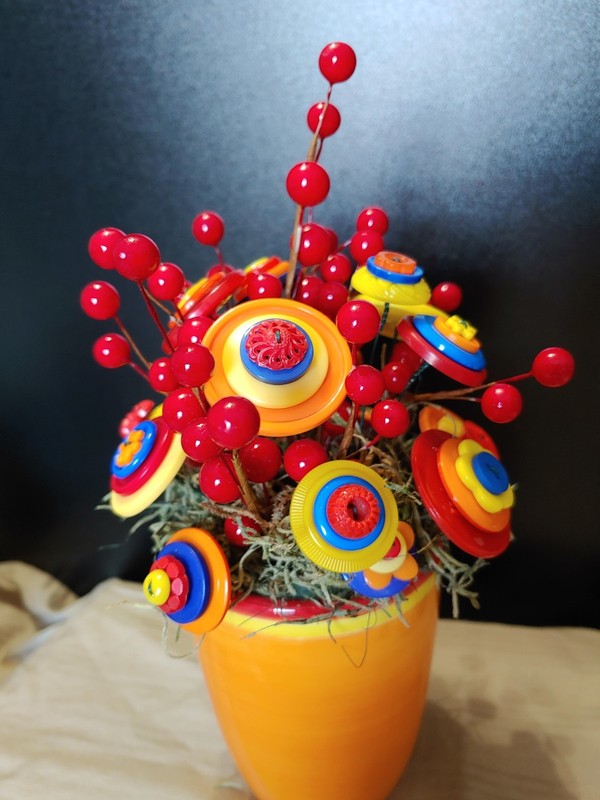 Bright Button Bouquet in Orange Coffee Mug. Red, orange, yellow. fun and playful gallery