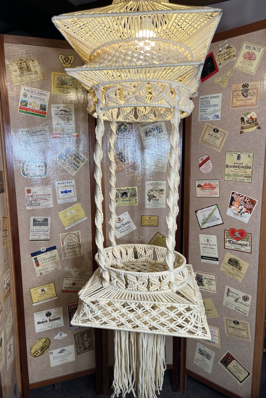 BOHO Macrame Hanging Table Plant Hanger W/ Light 1970s Coastal Beachy gallery