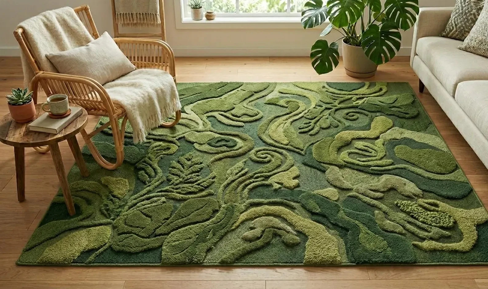 Hand-Tufted 3D Moss Rug: Forest Green Sculptural Textured Area Rug for living gallery