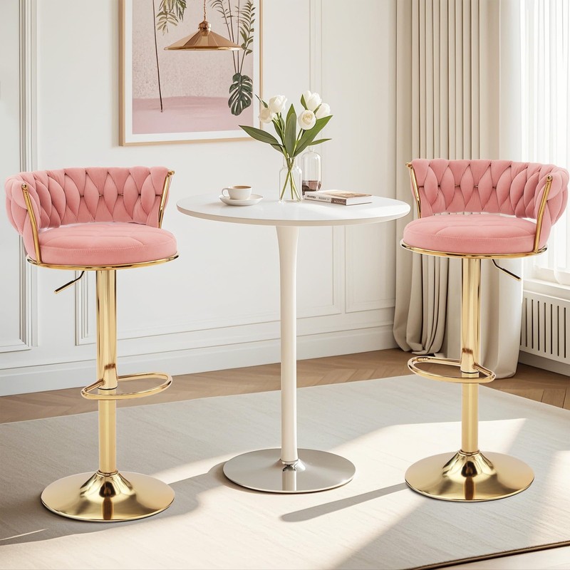 2 PCS Bar Stools Adjustable Counter Height Velvet Woven Kitchen Island Pink gallery