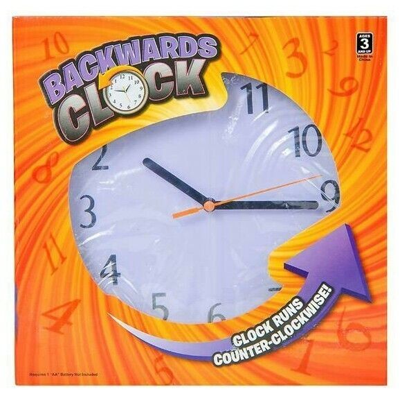 Backwards Wall Clock 9" Reverse Counter Clockwise Time - Gag Joke Prank Gift Toy gallery