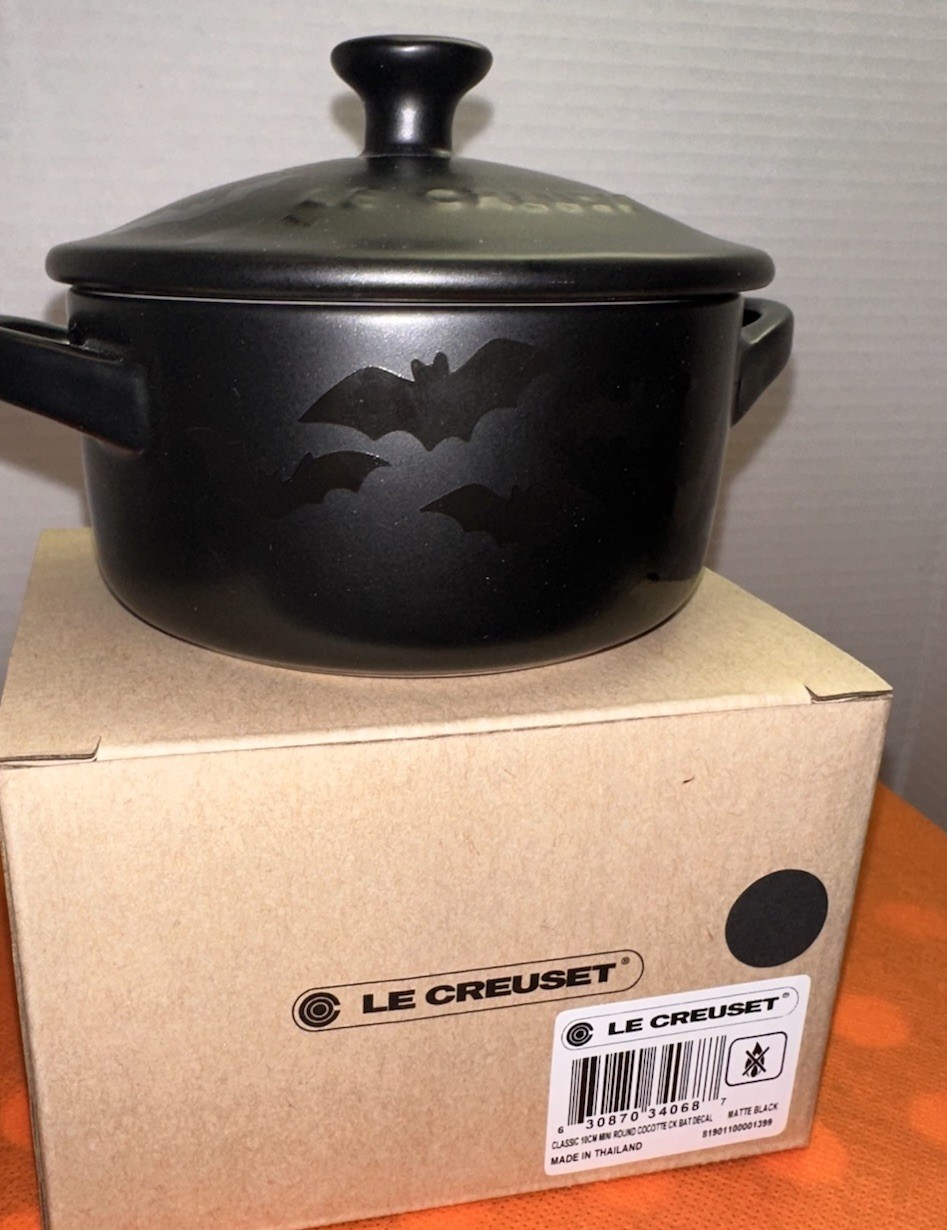 Le Creuset Matte Black Mini Round 8 oz Cocotte Shiny Bat Decal Halloween NIB gallery