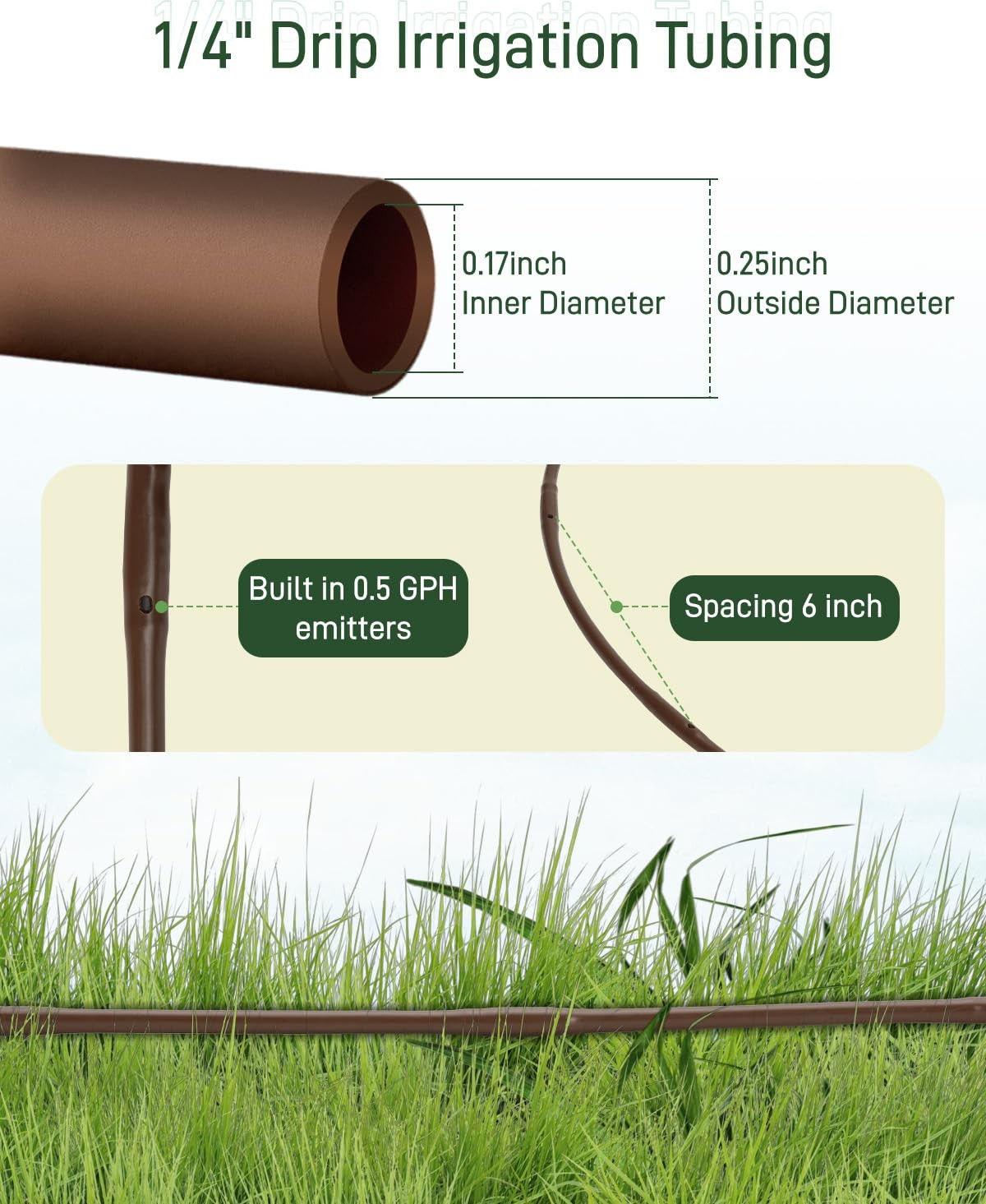 1/4" Drip Irrigation Tubing with 6" Emitter Spacing, (100 Ft 100FT, Brown gallery