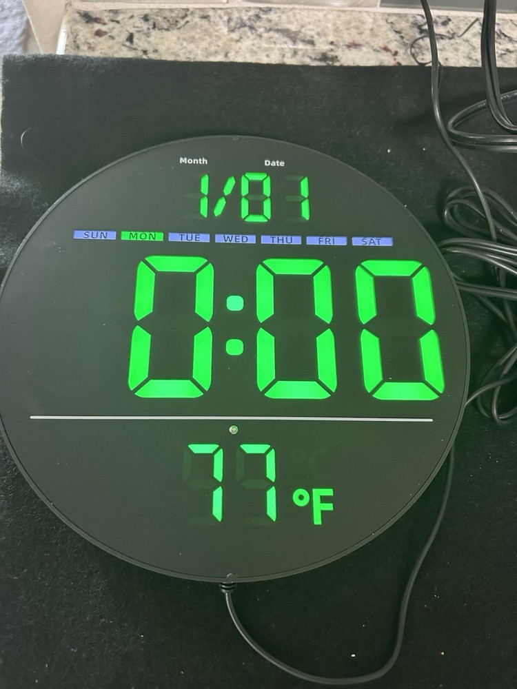 Digital LED Wall Clock with Date, Temperature, Auto-Brightness, Plug-In, Modern