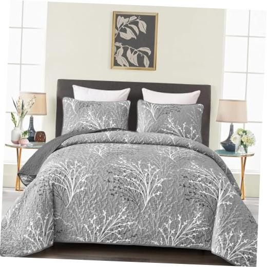 Quilt Set Size Branch Botanical Pattern Bedspread Coverlet Set, 3 Full Grey
