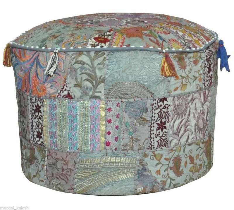 Patchwork Round Foot Stool New Indian Cotton Vintage Ottoman Pouf Cover Handmade gallery