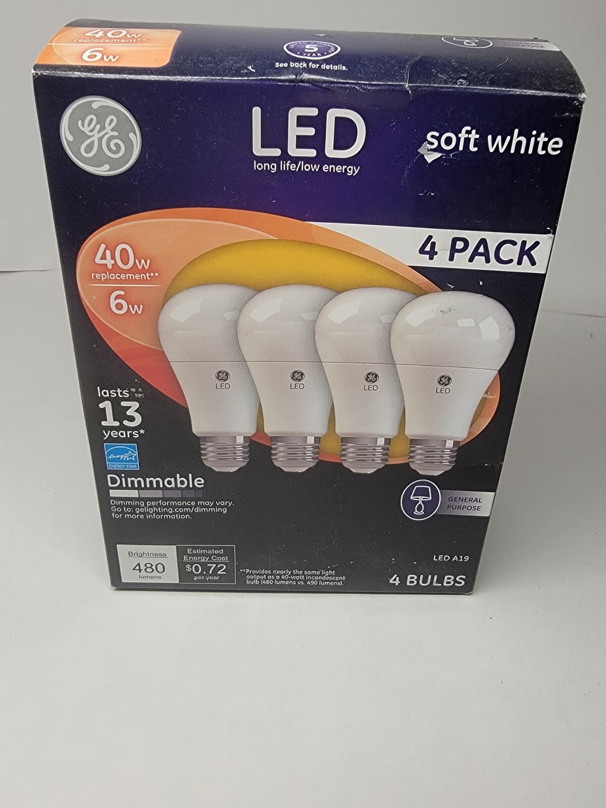 GE LED Lightbulb 4 pack 6 Watts Soft White A19 Dimmable 480 Lumens 40 Watts -176 gallery