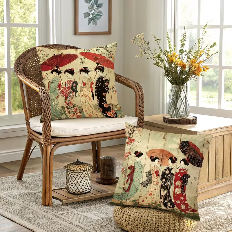 Beautiful 2 PC SET GEISHA Pillow Covers 18"x18" inch Luxury Home Decor Japan gallery