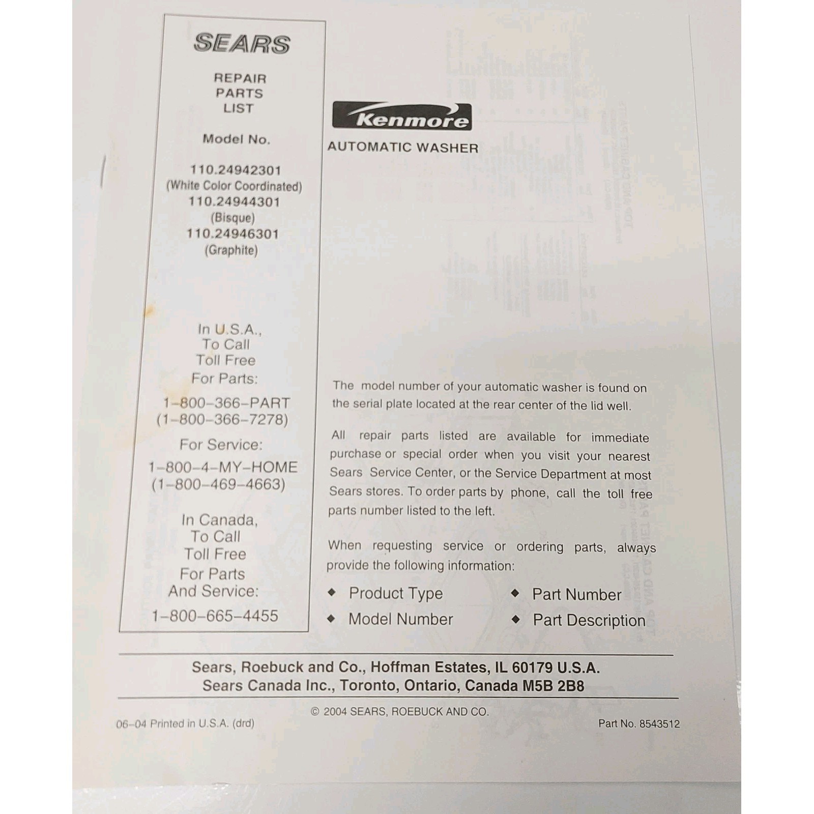 Kenmore Elite Washing Machine 2004 Booklet Manual Use Care Guide 11026-24942301 gallery