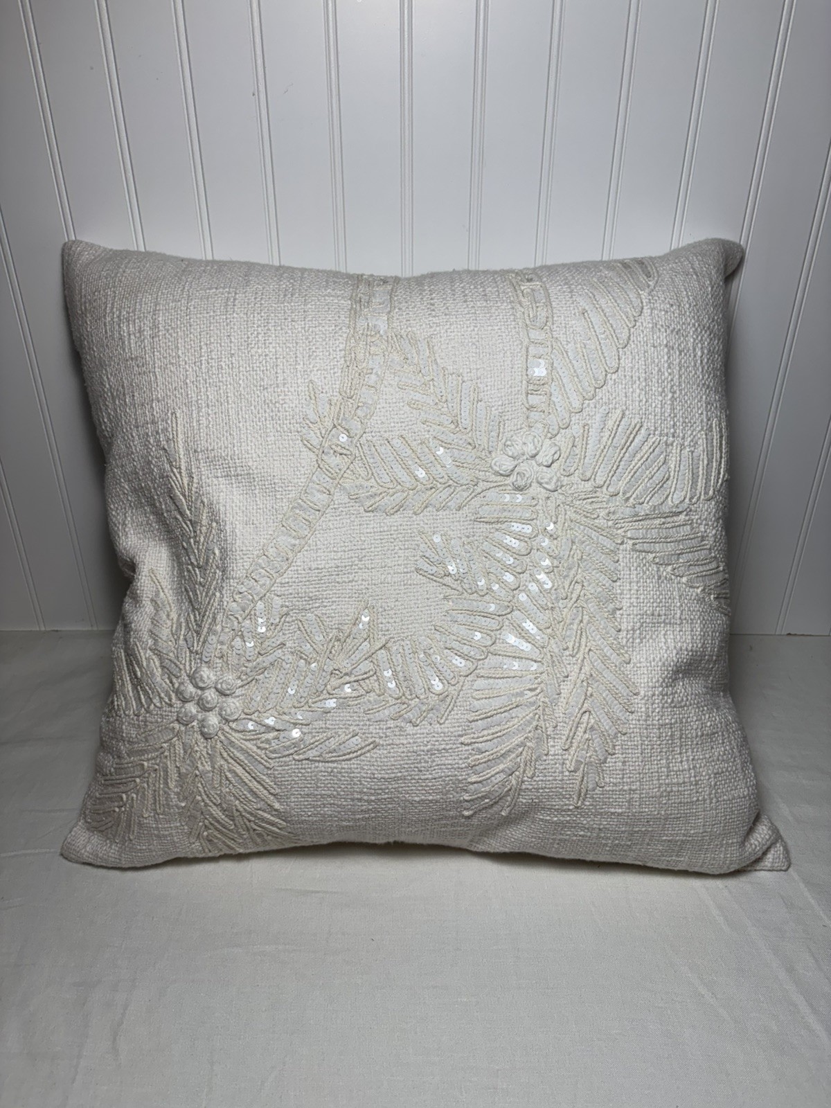 Pottery Barn Palm Leaf Embroidered Pillow ~ 20” SQ ~ Insert Included. gallery