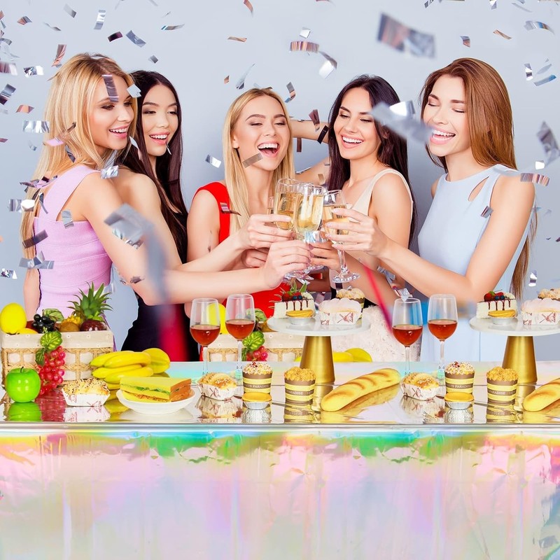 4 Pack Iridescent Plastic Tablecloths, Shiny Disposable Laser Rectangle Table... gallery