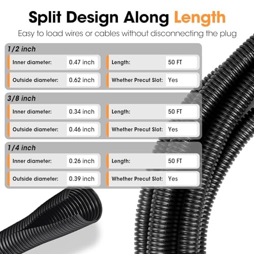 Wire Loom 1/4", 1/2", 3/8 Inch x 50 FT, Split Wire 1/4", 1/2", 3/8" X 50 ft gallery