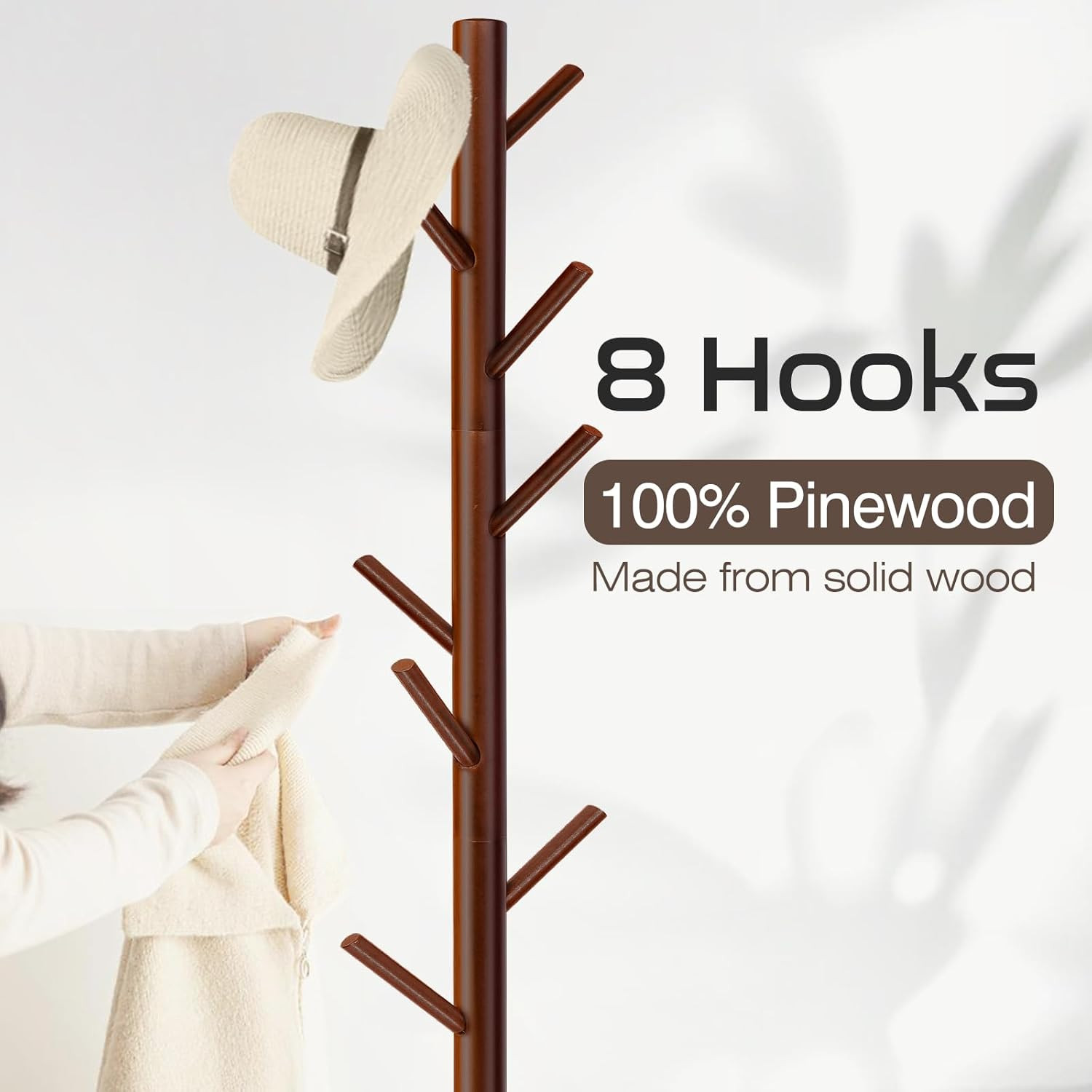 Coat Rack Freestanding Wood 8 Hooks Adjustable 69In Entryway Bedroom Hallway gallery