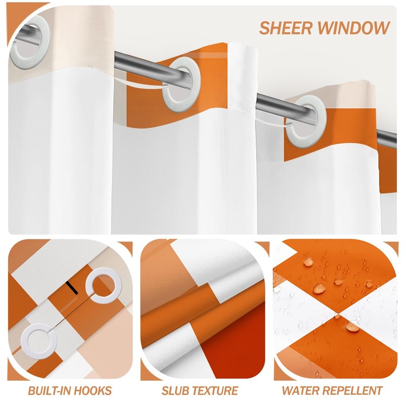 Orange Hookless Shower Curtain Set Snap In Liner Geometric Decor 71x74 Inch gallery