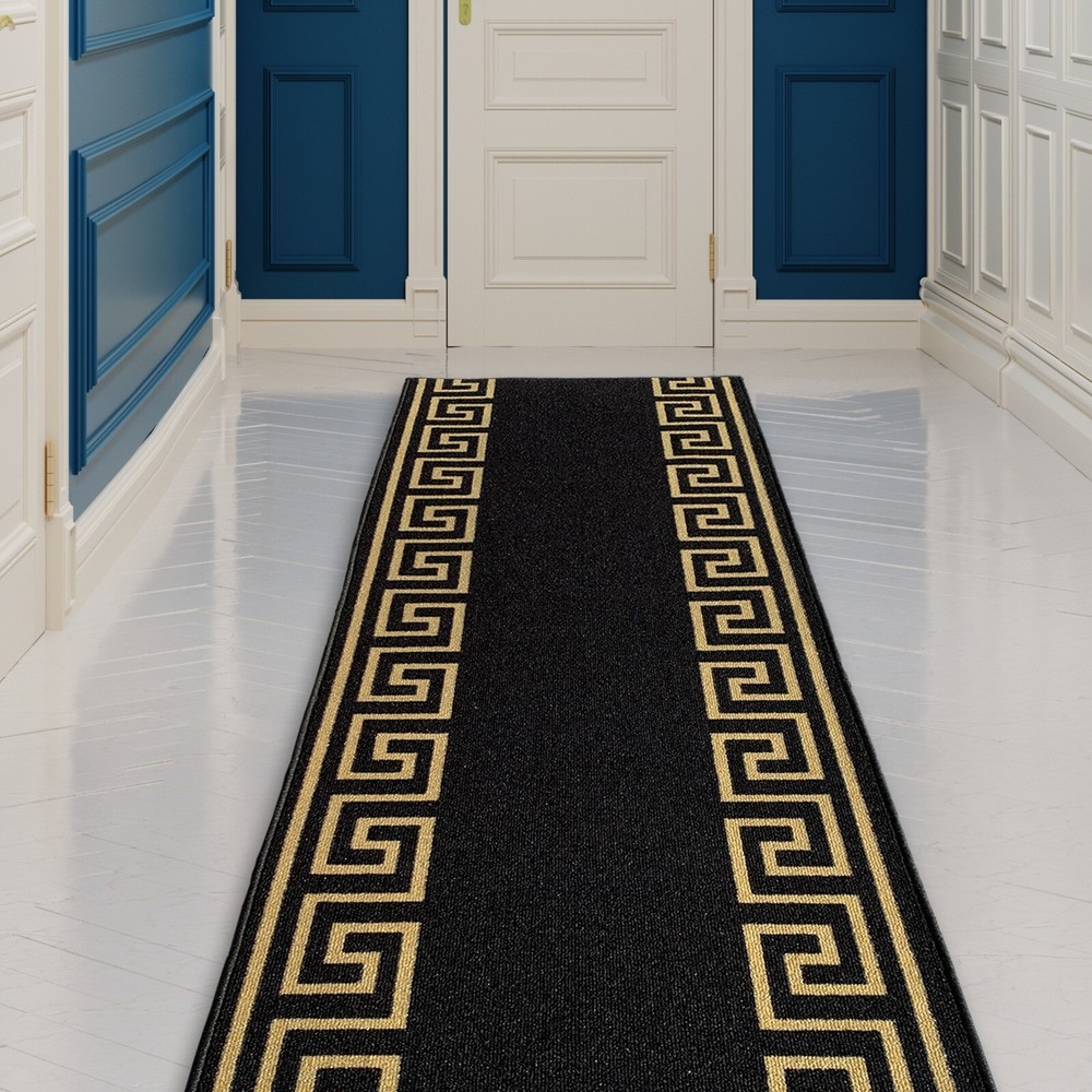 Custom Size Hallway Runner Greek Key Black-Gold 26"&31"By Your Length