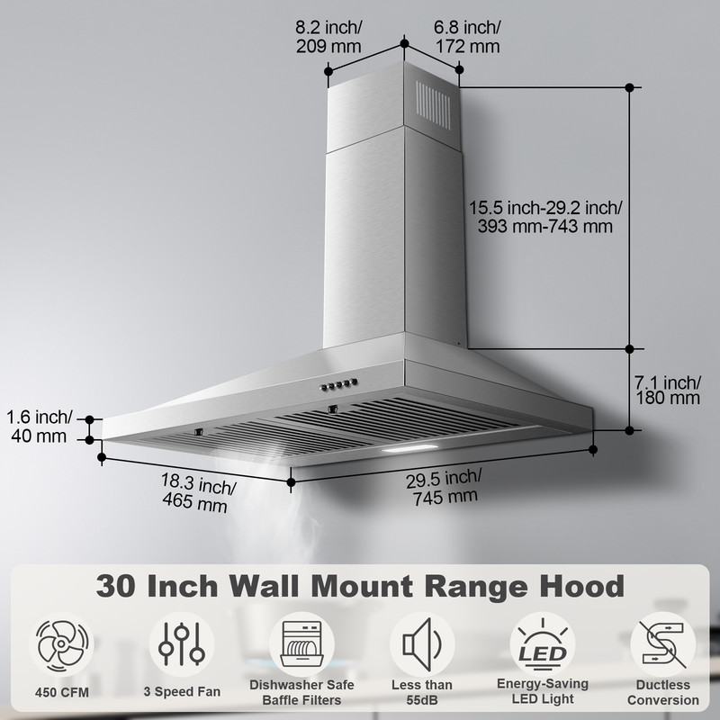 Range Hood 30inch, Wall Mount Range Hood Ducted/Ductless Energy-Saving LED Light gallery