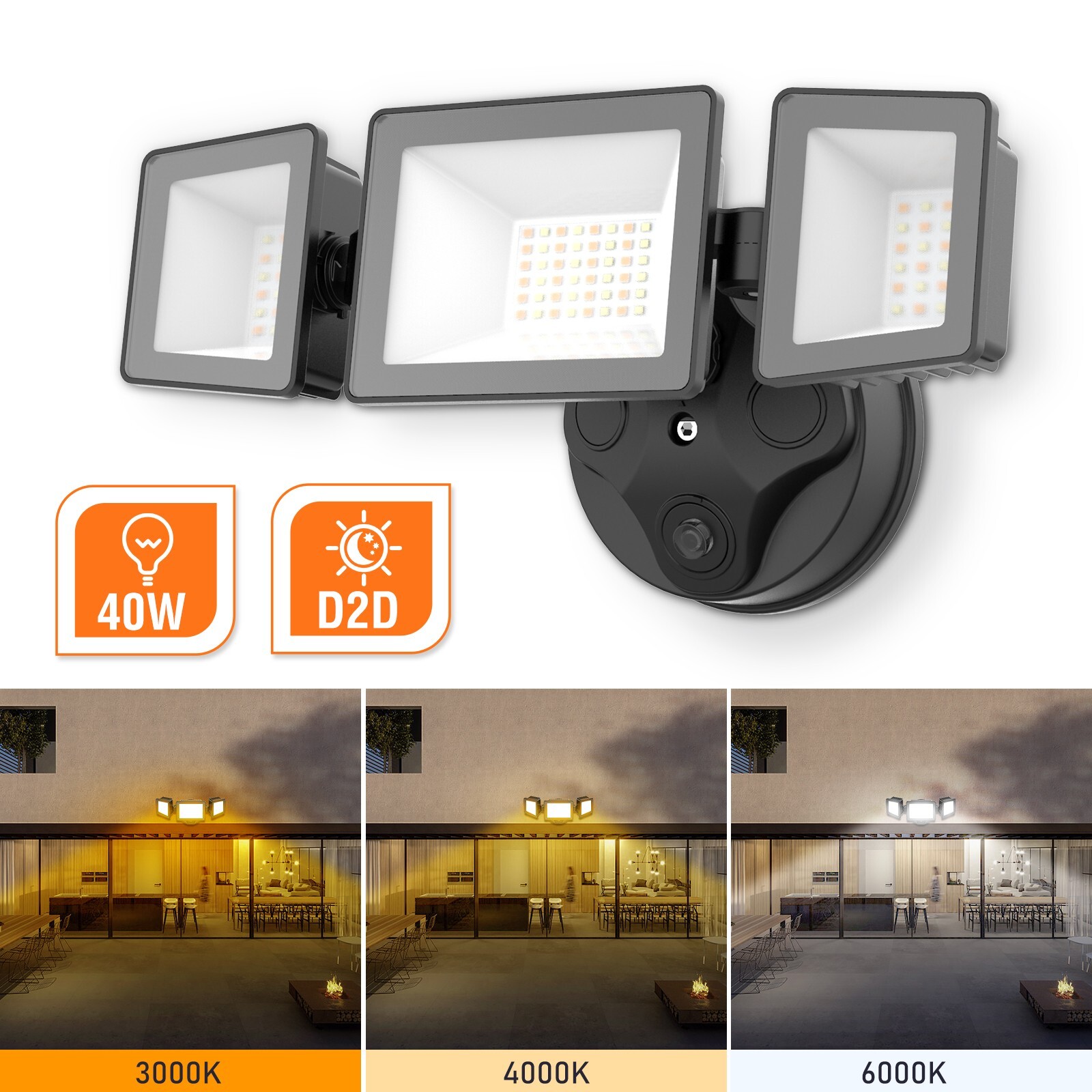 4000lm LED 3 Head Security Outdoor Light Dusk to Down 3CCT IP65 Sensor Lamp gallery