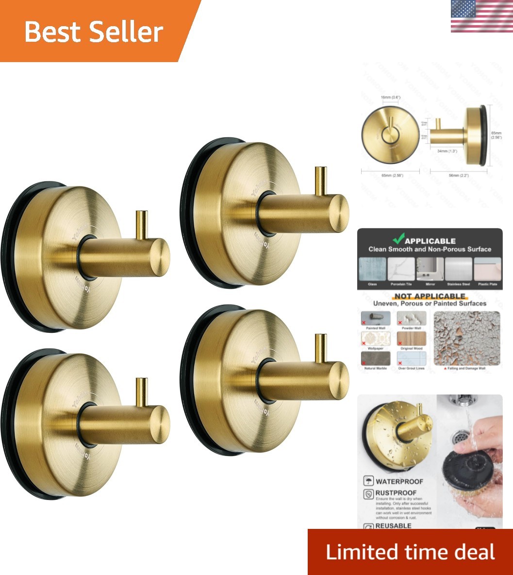 Gold Stainless Steel Suction Cup Hooks - 4 Heavy-Duty Bathroom Towel Holders gallery