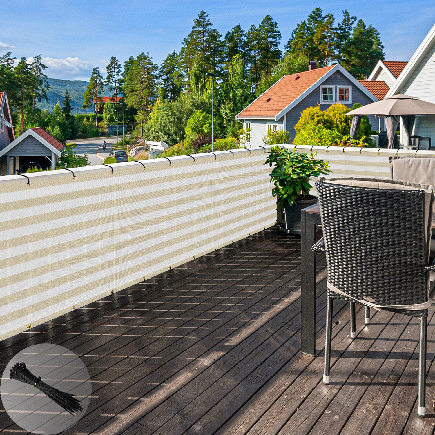 35in Balcony Fence Screen Privacy Deck Patio Shelter Shade Cover Beige Stripe gallery