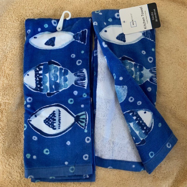 Mainstays Kitchen Towels - Fish in Blues/Whites on Blue - 2 Towels NWT 15"x25" gallery