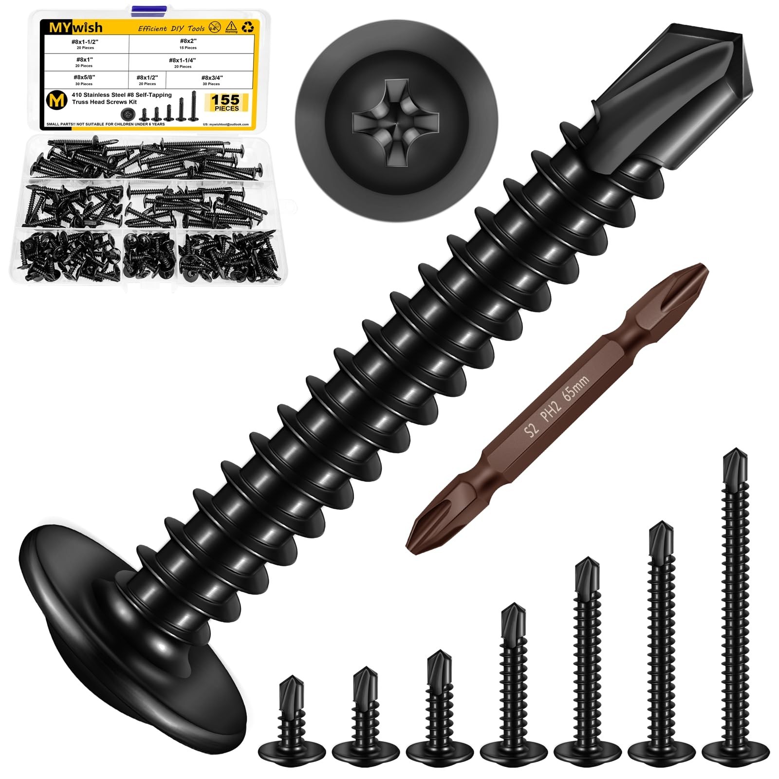 155Pcs Black Self Tapping Screws for Metal #8x1/2, 5/8", 3/4", 1", 1-1/4", 1-... gallery