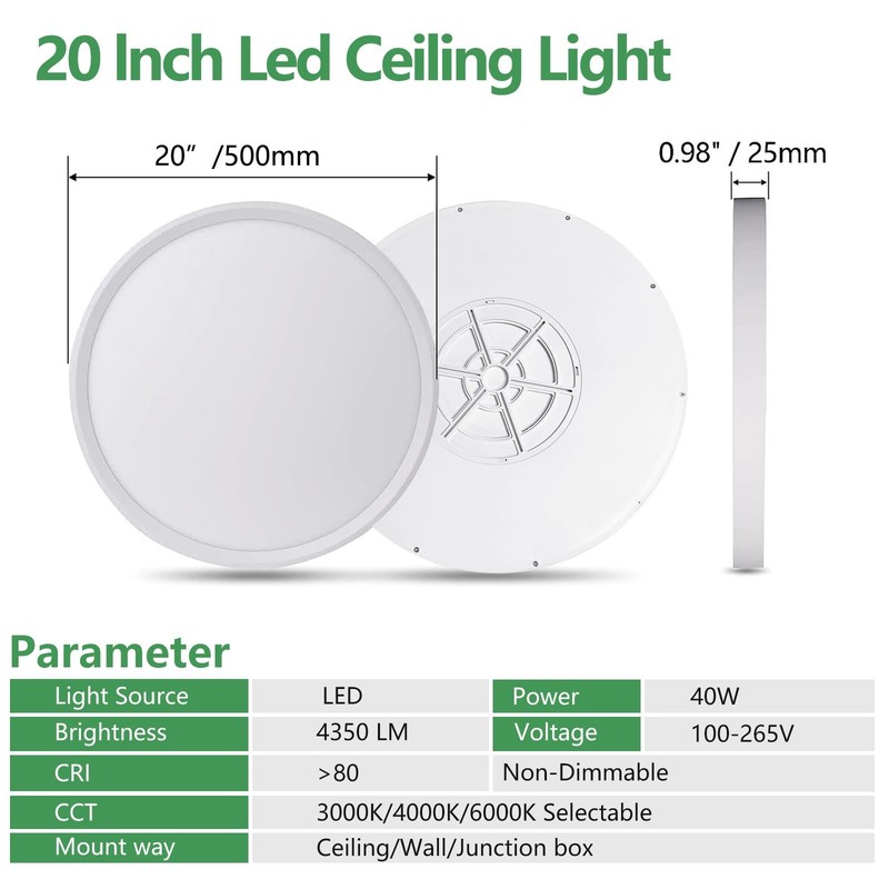20 Inch Large LED Flush Mount Ceiling Light, 40W,4350LM, 3000K/4000K/6000K CC... gallery