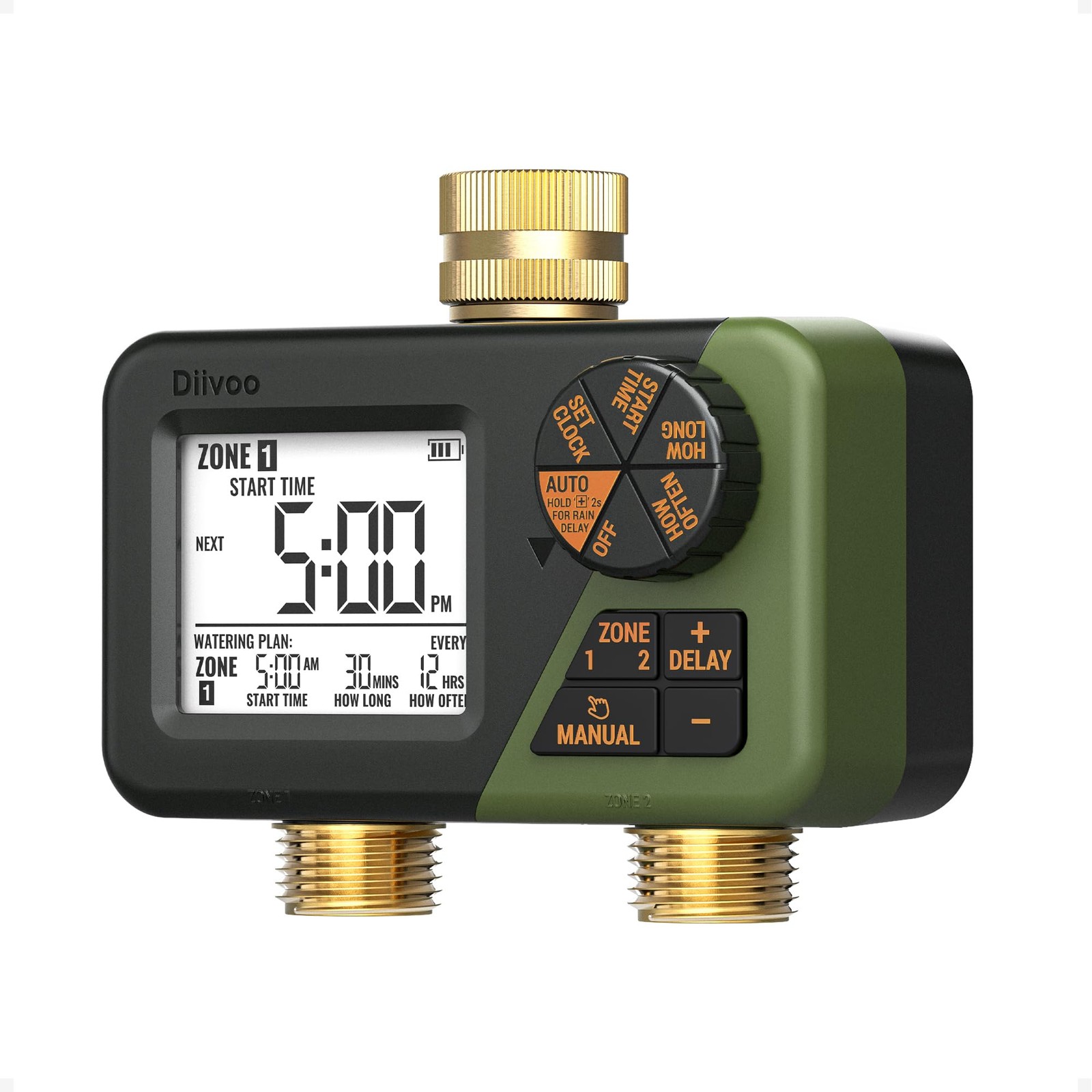 Brass Hose Timer 2 Outlets for Outdoor Watering, Diivoo IP66 2 Outlets, Green gallery