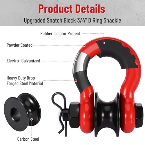 3/4" D Ring Shackle with Upgraded Snatch Blocks,57,000 lbs(28.5 Ton) Red gallery