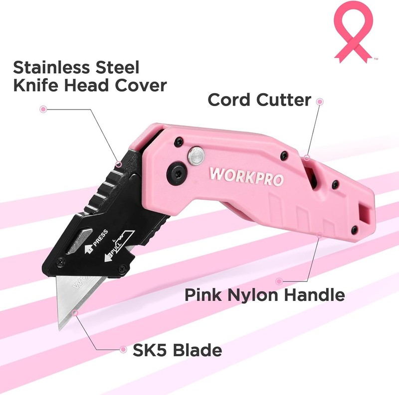 WORKPRO Folding Utility Knife Quick Change Box Cutter Pink Razor Knife 10 Blades gallery