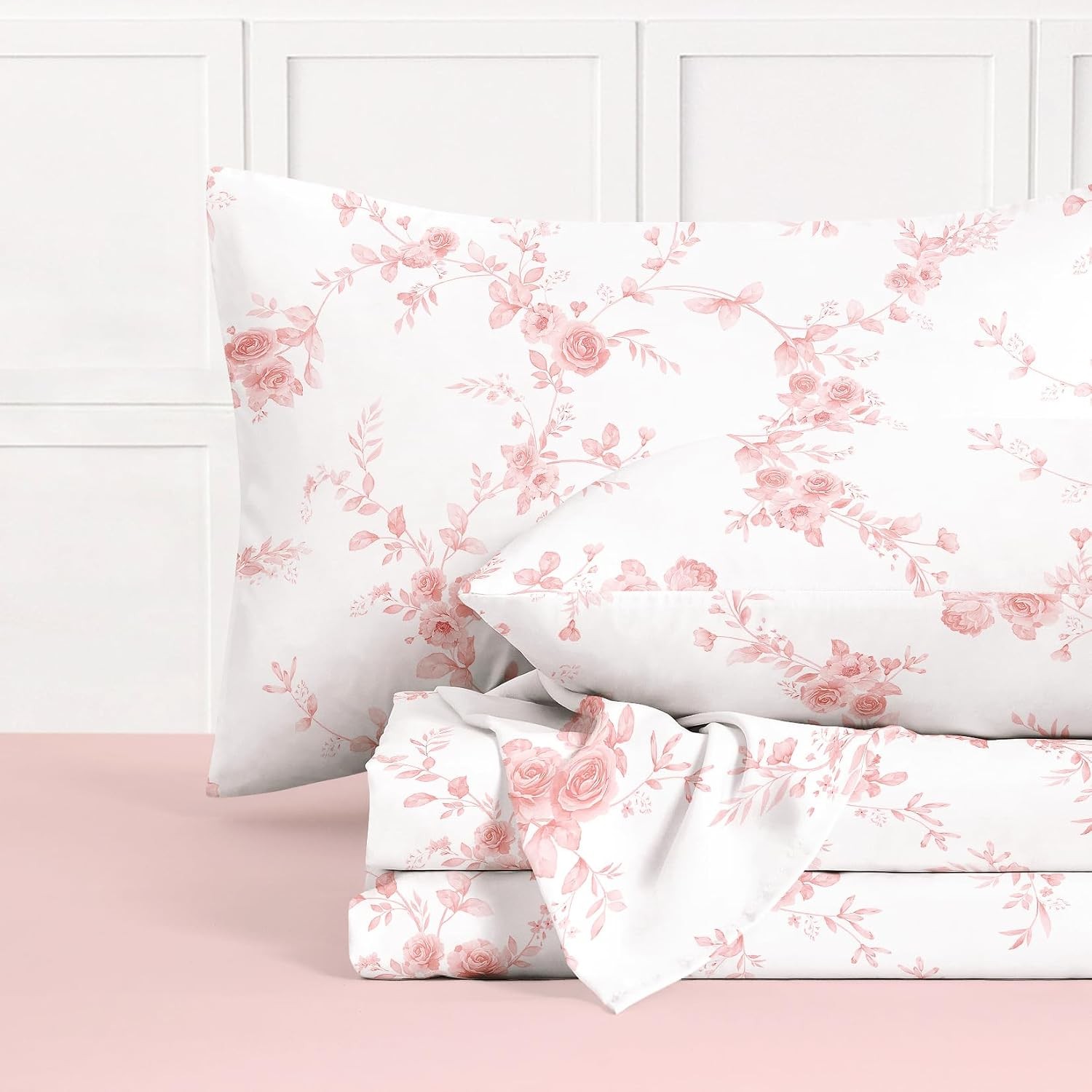 Wake In Cloud - Floral Bed Sheets, 4-Piece Sheet Set, Flower Shabby Chic Rose Pa gallery