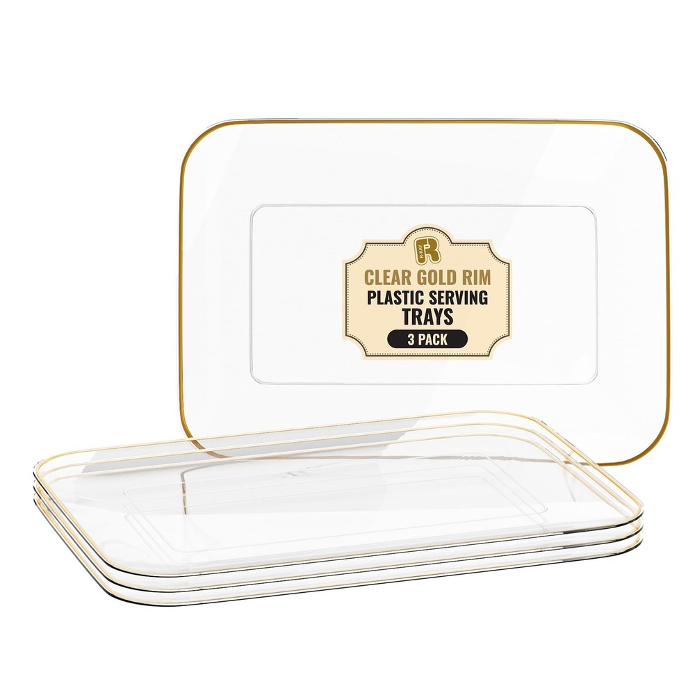 3 Pack Plastic Serving Trays for Party - Gold Serving Tray 8 x 11 Inch - Heavy D