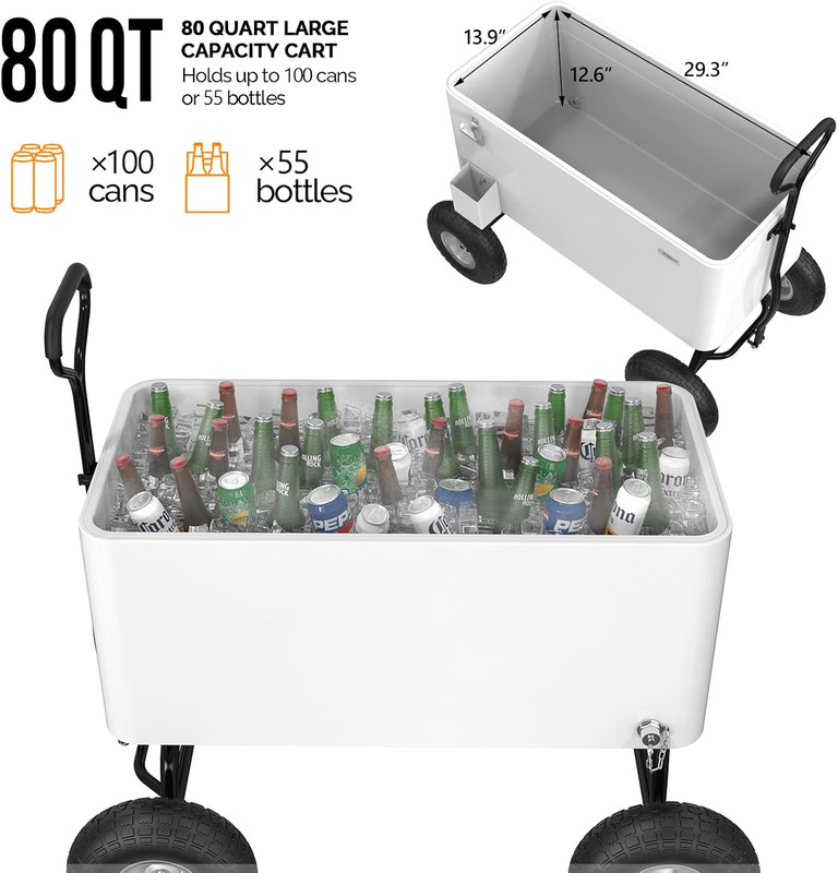 VINGLI 80 Quart Wagon Rolling Cooler Ice Chest, W/Long Handle and 10" Wheels, Po gallery