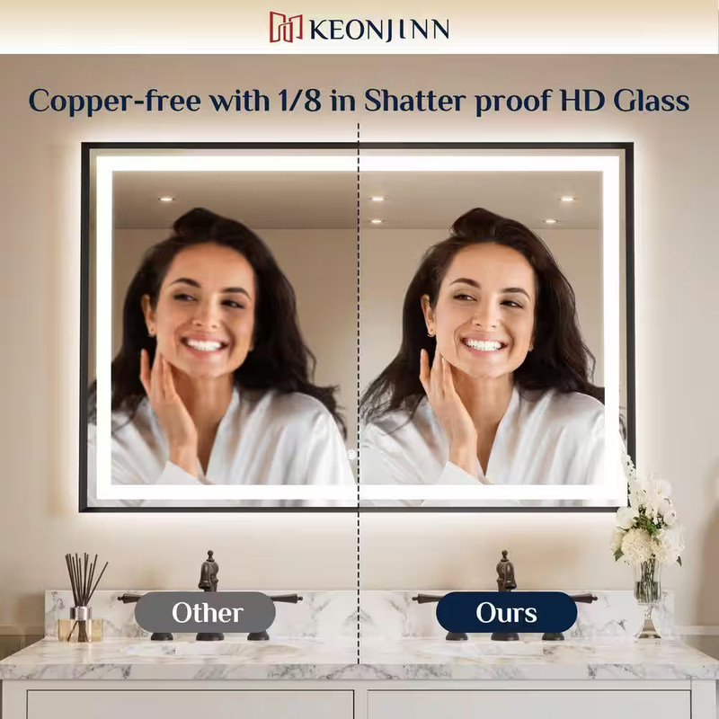 42 In. W X 36 In. H Rectangular Framed LED Lighted Bathroom Vanity Mirror with L gallery