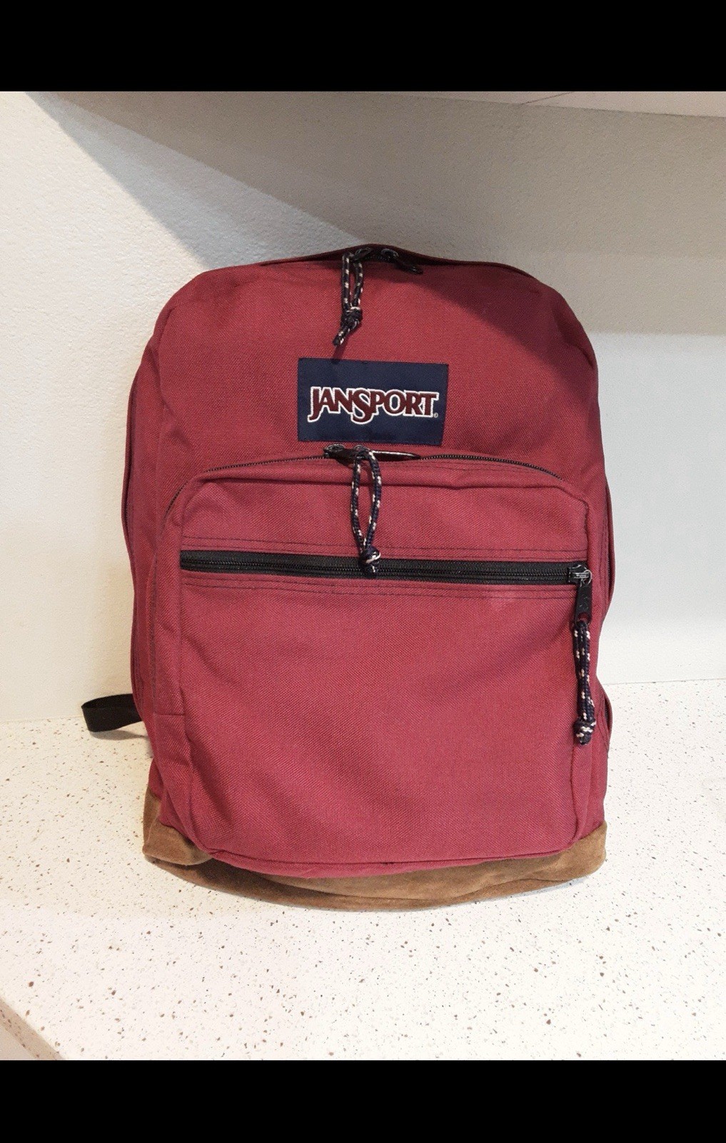 JanSport Red Hiking Backpack Brown Suede Bottom Adjustable Straps Pockets